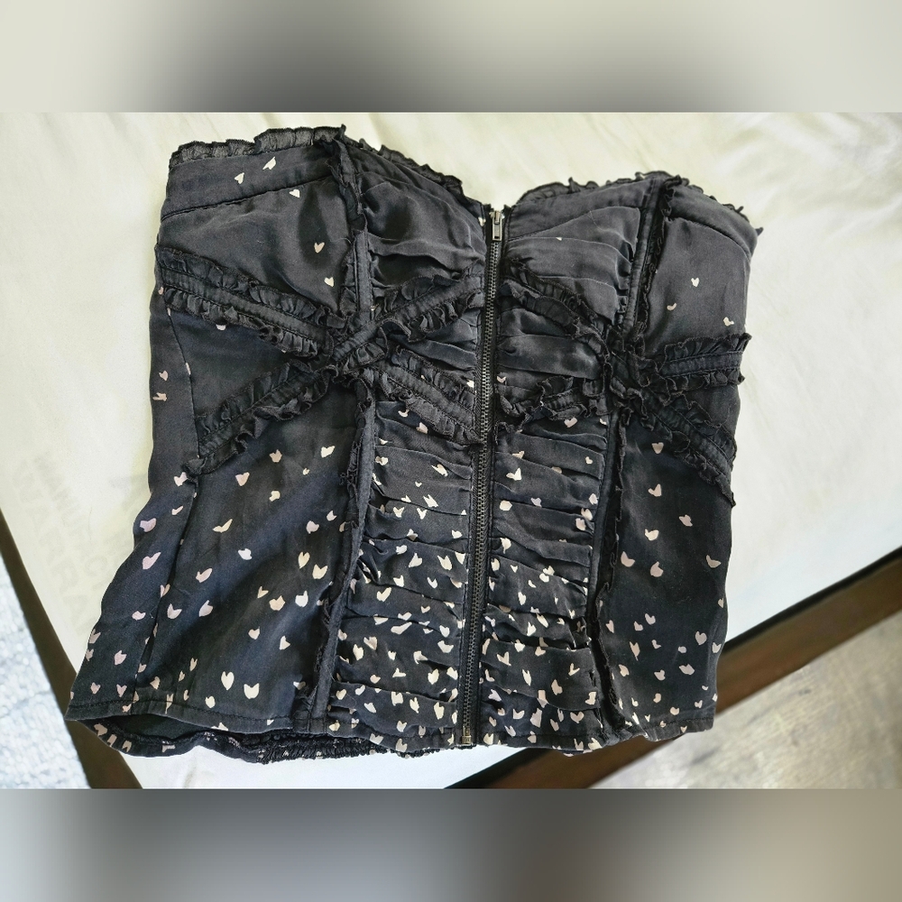Bebe M Black Silk Bustier with Hearts Pattern. Runs small. Offers welcome! 😊